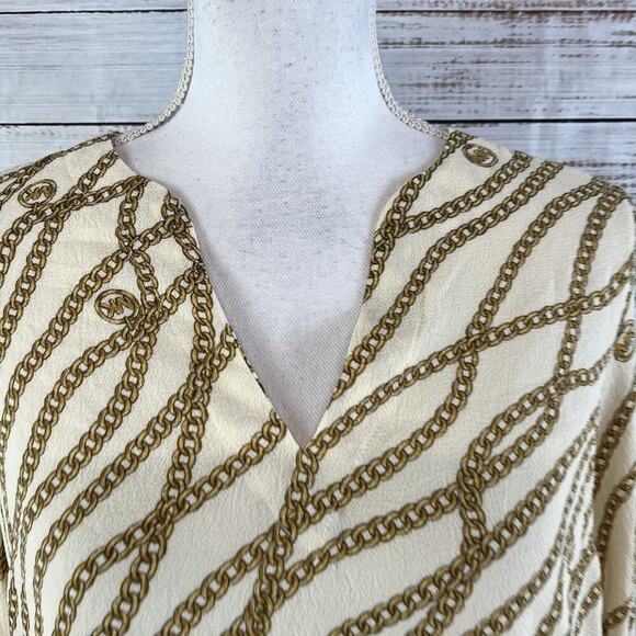 Michael Kors Blouse Tunic sz Small Tan Gold Chains Stretch Modest Career Wedding - Picture 3 of 9